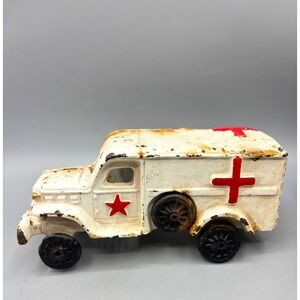 Vintage Cast Iron Ambulance Toy Red Cross Star White Painted Metal